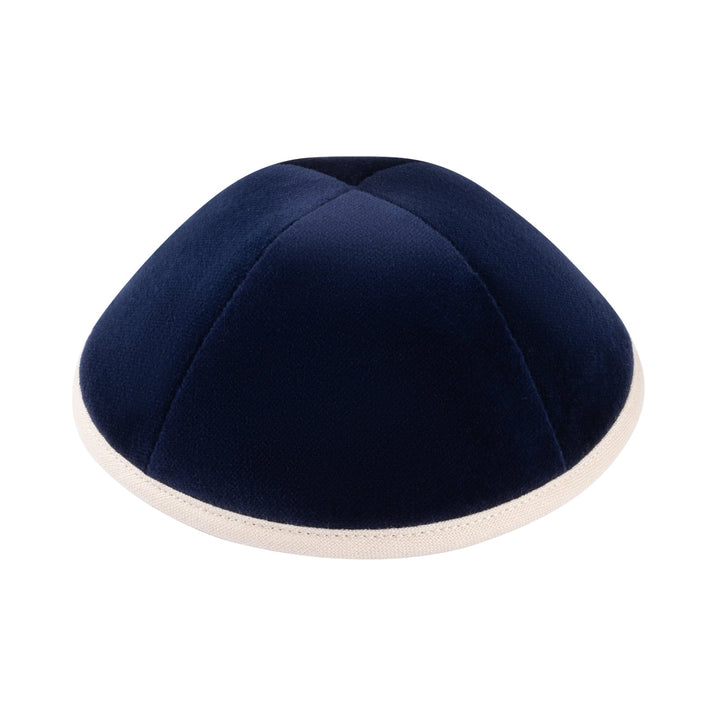 Navy Velvet Kippah – Beige Linen Rim Yarmulke