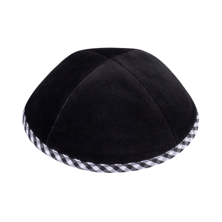 Black Velvet Kippah – Black White Gingham Rim Yarmulke