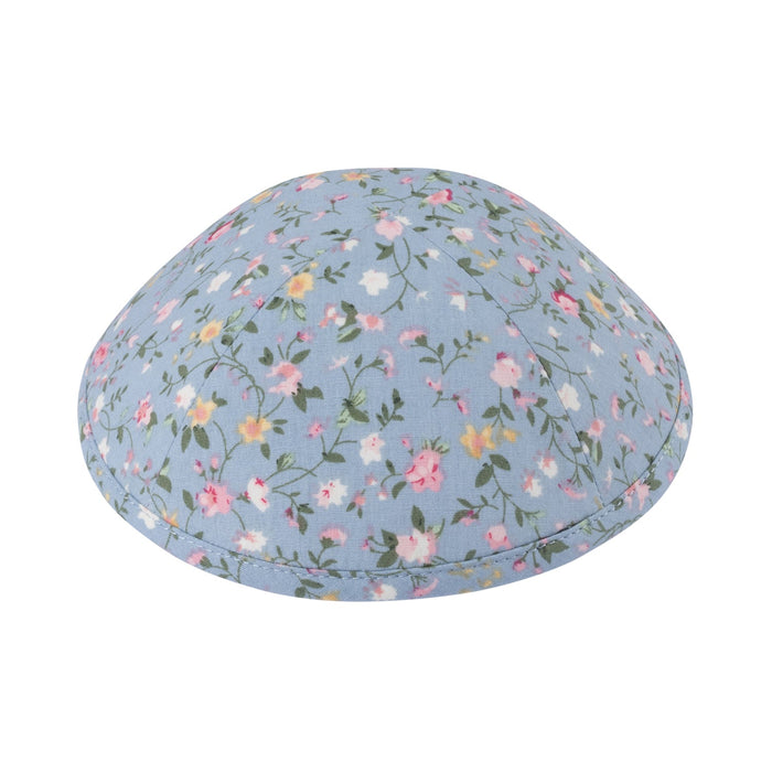 Blue bloom floral kippah — pastel blooms on powder-blue cotton | Judaica Square Lakewood