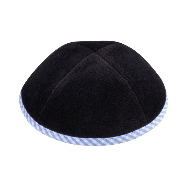 Black Velvet Kippah – Light Blue Gingham Rim Yarmulke