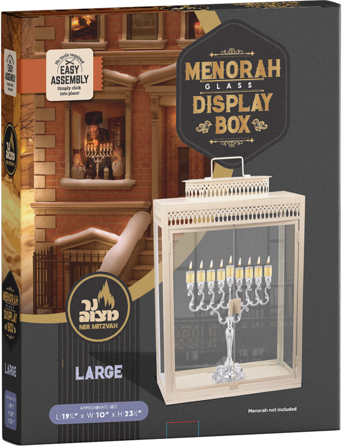 Large clear-panel menorah display box with easy-assembly frame