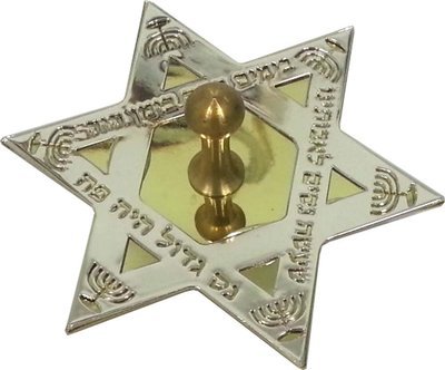 Star of David shaped laser engraved dreidel with engraved menorahs and a gold tone center spinner