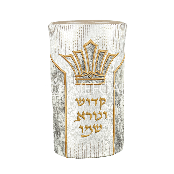 Leather & Fur Torah Mantle — Design 498, White