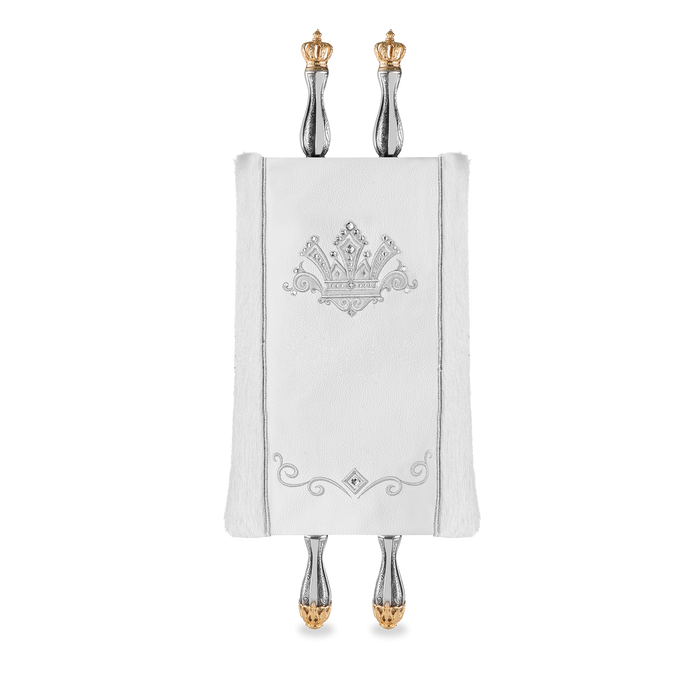 Leather and Fur Torah Mantle, style 345, White — front view with Torah rollers