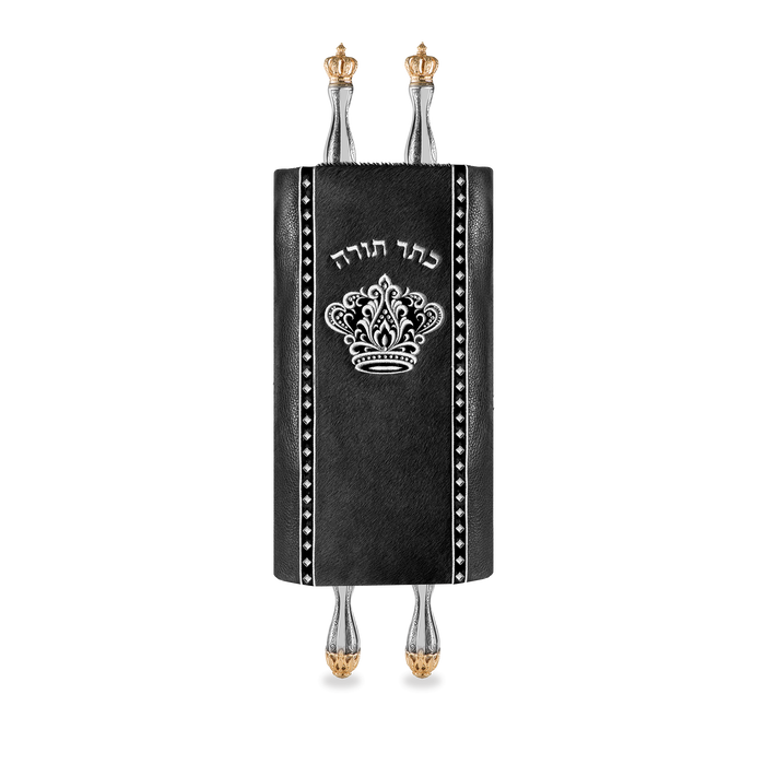 Leather and Fur Torah Mantle, style 348, Black — front view with Torah rollers