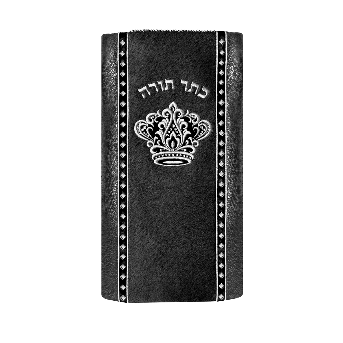 Leather and Fur Torah Mantle, style 348, Black — front view