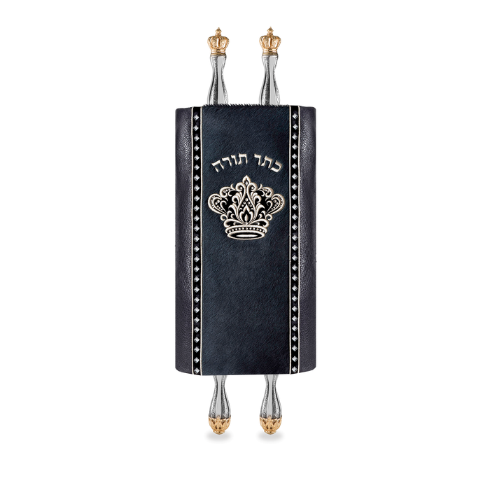 Leather and Fur Torah Mantle, style 348, Grey — front view with Torah rollers