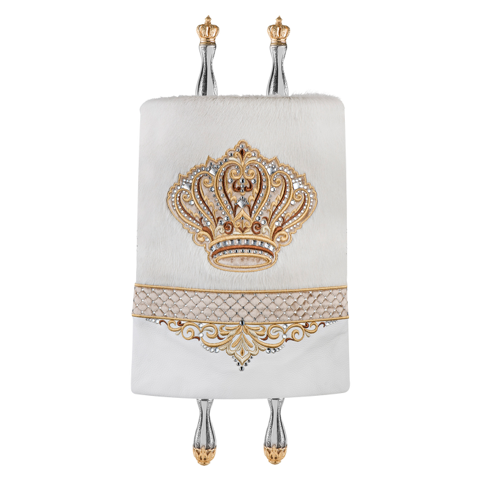 Leather & Fur Torah Mantle, style 323, White — front view with Torah rollers
