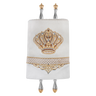 Leather & Fur Torah Mantle, style 323, White — front view with Torah rollers