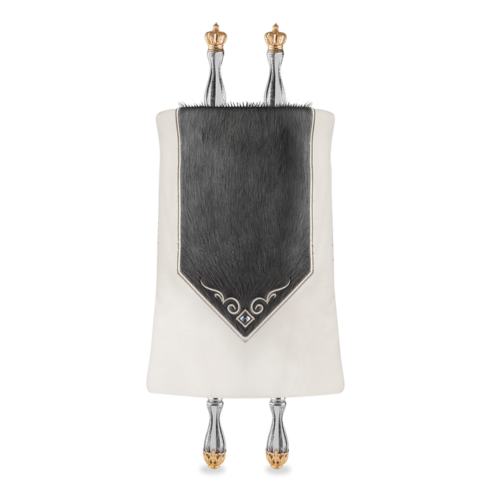 Leather & Fur Torah Mantle, style 380, White — front view with Torah rollers