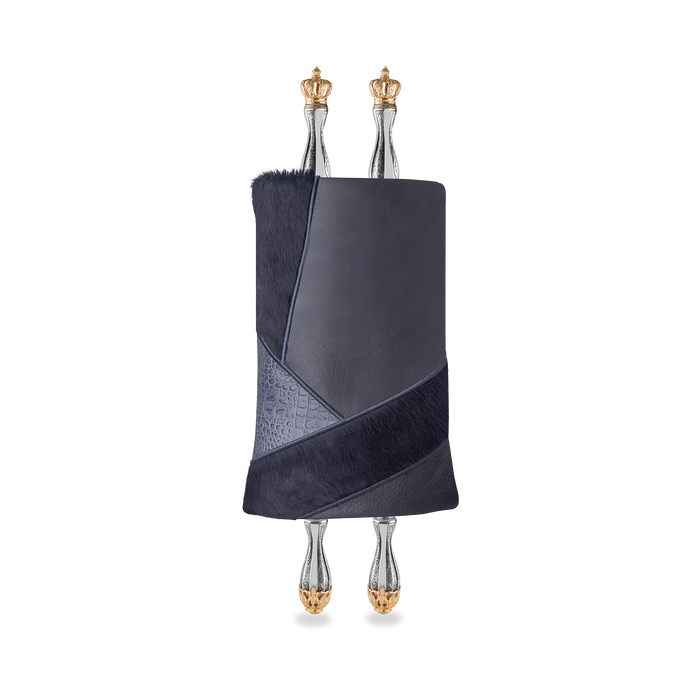 Leather & Fur Torah Mantle, style 383, Livid — front view with Torah rollers