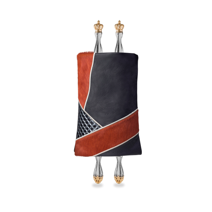 Leather & Fur Torah Mantle, style 383 Navy — front view with Torah rollers
