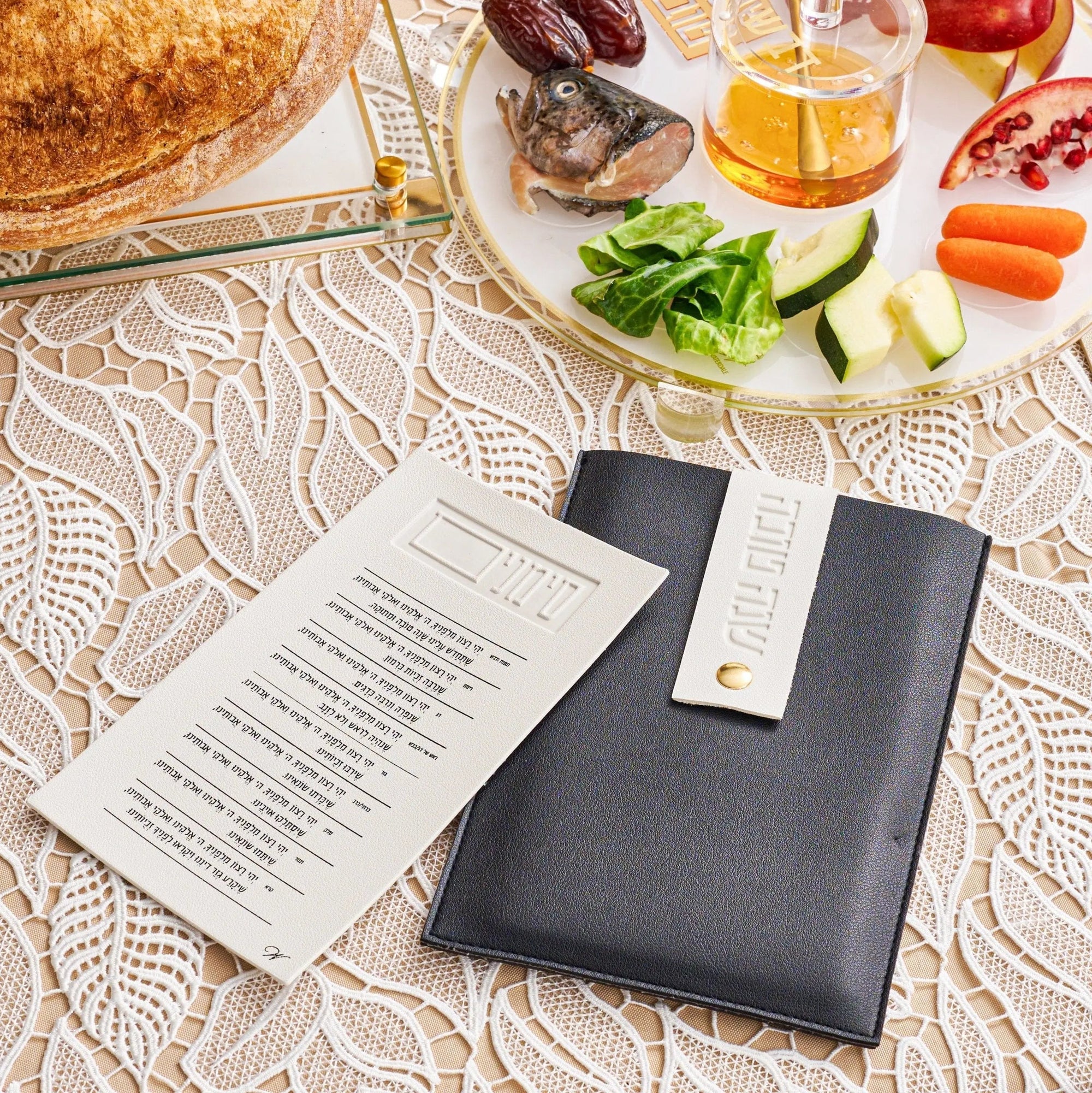 Leather Simanim Pouch & Card Set (White & Black) — Faux Leather Simanim Pouch & Card Set view 2 | Judaica Square Lakewood