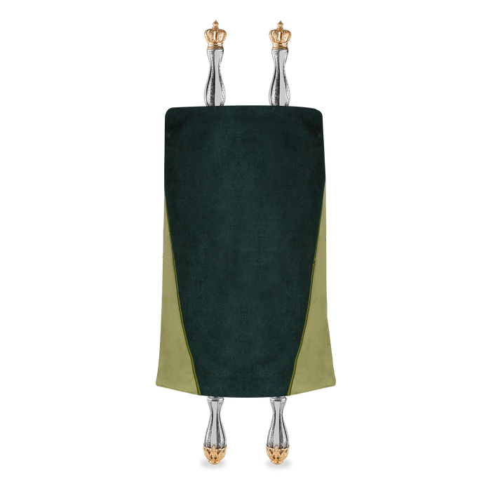 Leather Torah Mantle, style 342, Green — front view with Torah rollers