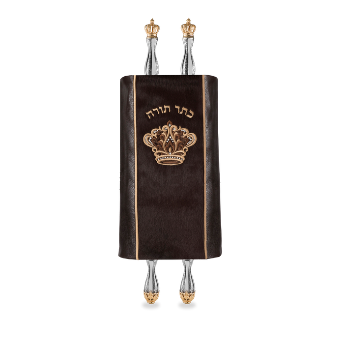 Leather Torah Mantle, style 347, Brown — front view with Torah rollers