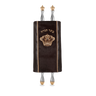 Leather Torah Mantle, style 347, Brown — front view with Torah rollers