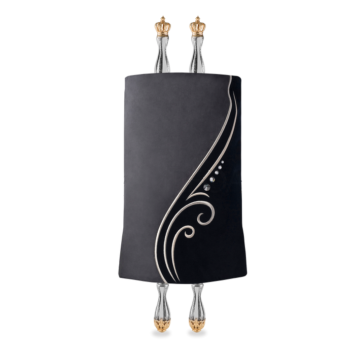 Leather Torah Mantle, style 359, Grey and Black — front view with Torah rollers