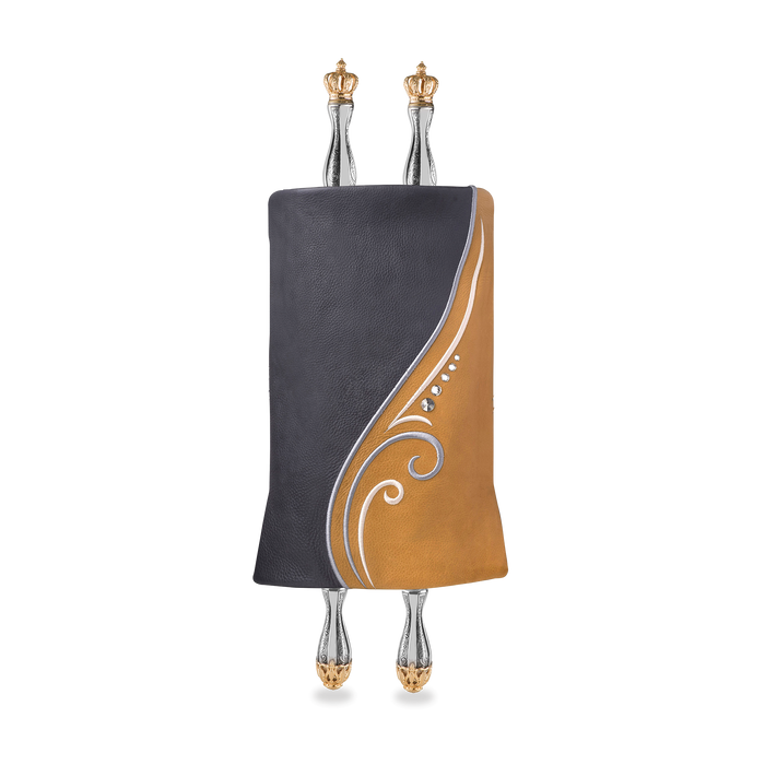 Leather Torah Mantle, style 359, Grey and Tan — front view with Torah rollers