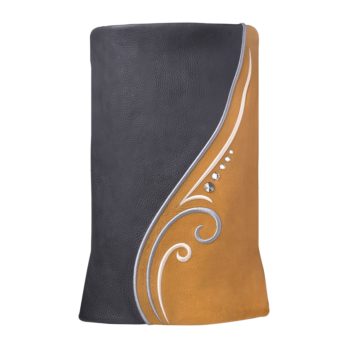 Leather Torah Mantle, style 359, Grey and Tan — front view