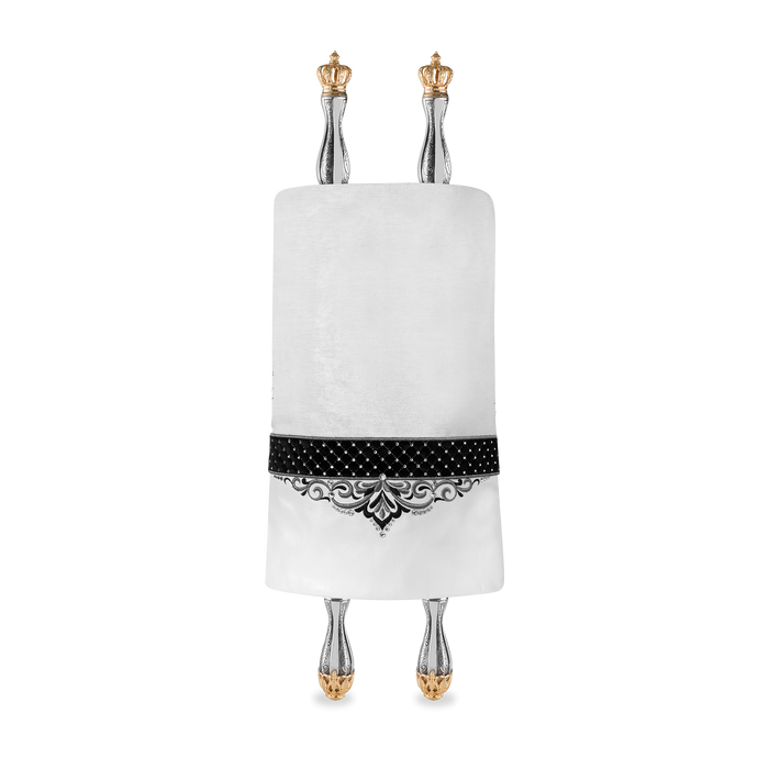 Leather & Velvet Torah Mantle, style 323, White — front view with Torah rollers