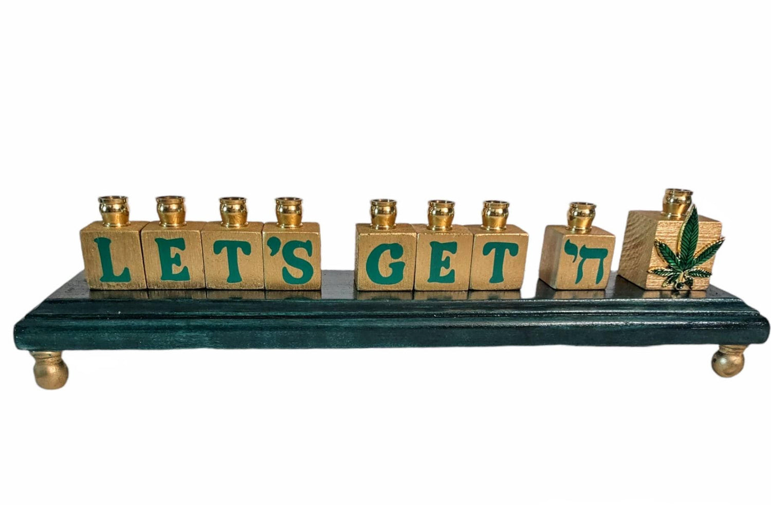 Cannabis menorah — painted wood blocks with vinyl lettering, rhinestones and brass cups | Judaica Square Lakewood (view 4)