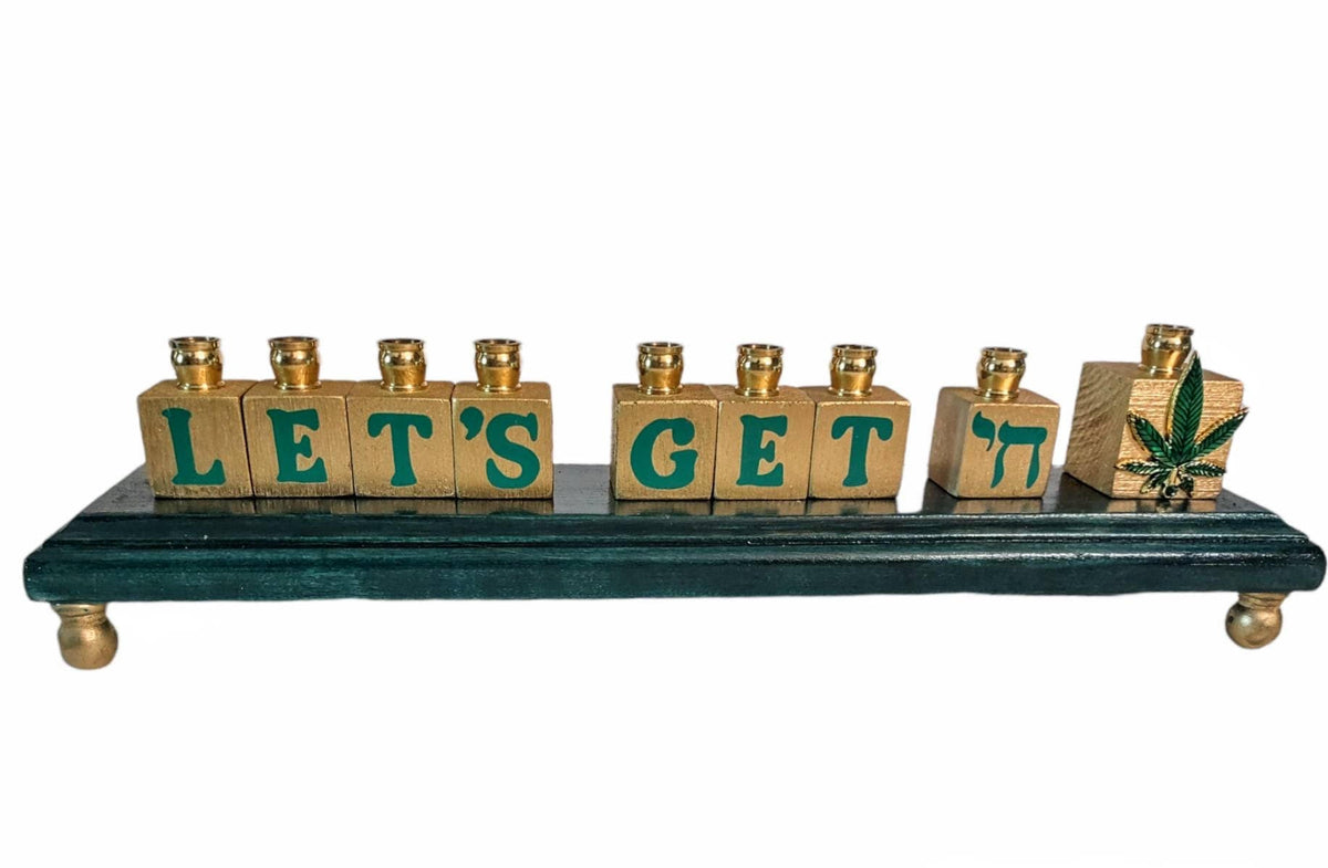 Cannabis menorah — painted wood blocks with vinyl lettering, rhinestones and brass cups | Judaica Square Lakewood (view 4)