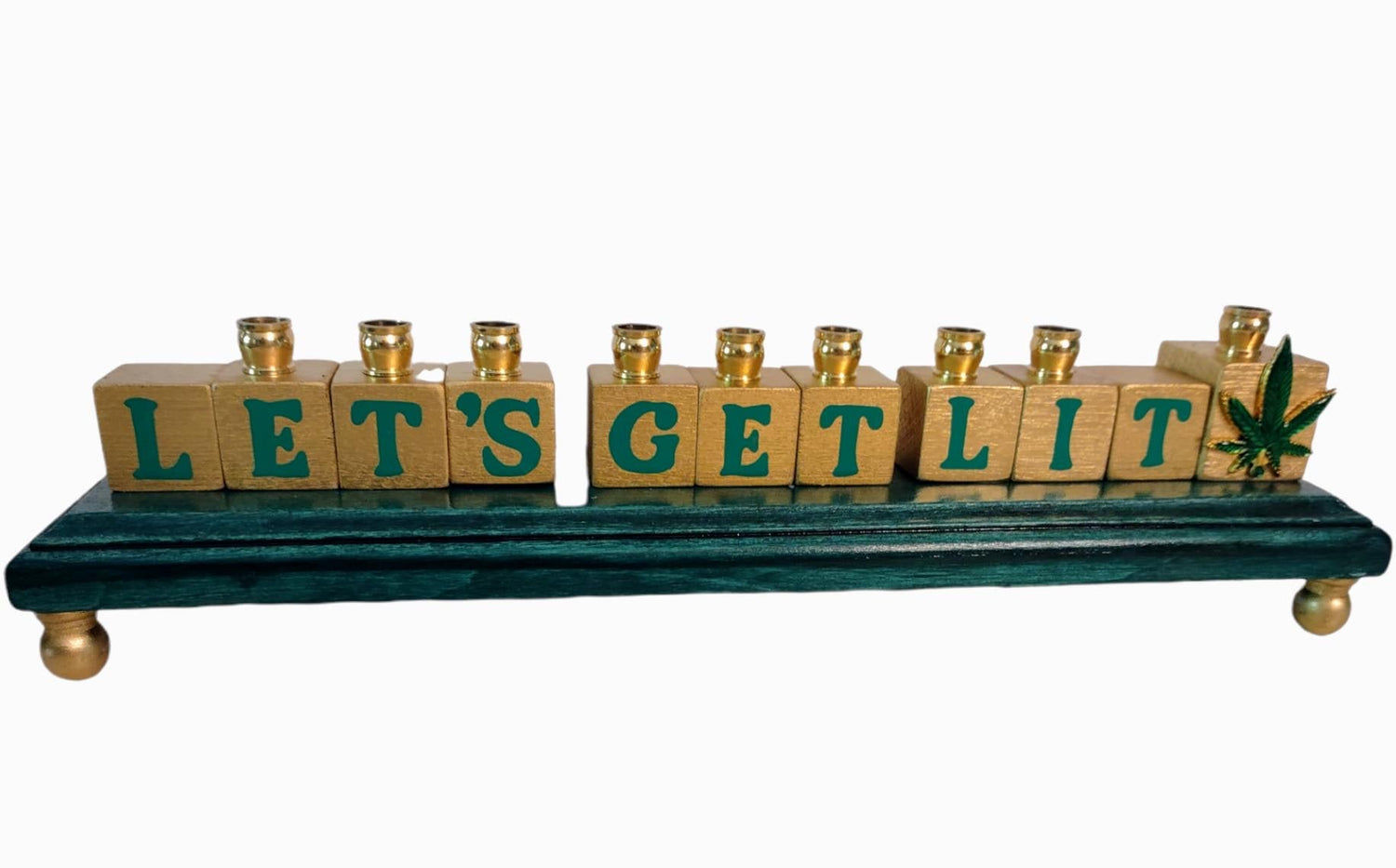 Cannabis menorah — painted wood blocks with vinyl lettering, rhinestones and brass cups | Judaica Square Lakewood (view 3)