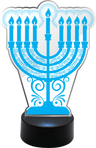Clear acrylic menorah panel glowing blue on a black light-up base