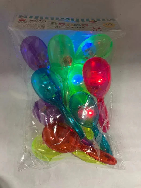 Pack of ten multicolored light-up maracas with illuminated lights, alternate package view