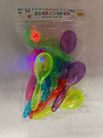 Package of ten colorful 5-inch light-up maracas with several lights illuminated