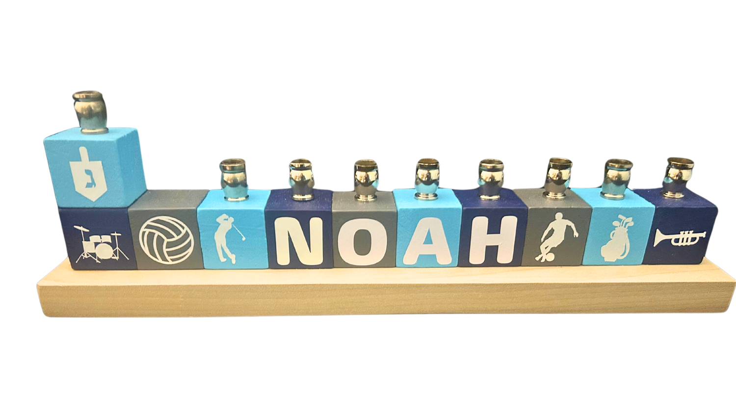 Personalized name block menorah — hand-painted blocks with vinyl letters and nickel cups | Judaica Square Lakewood (view 15)
