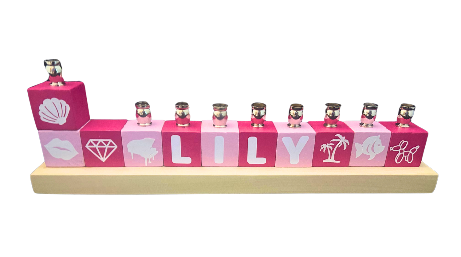 Personalized name block menorah — hand-painted blocks with vinyl letters and nickel cups | Judaica Square Lakewood (view 16)