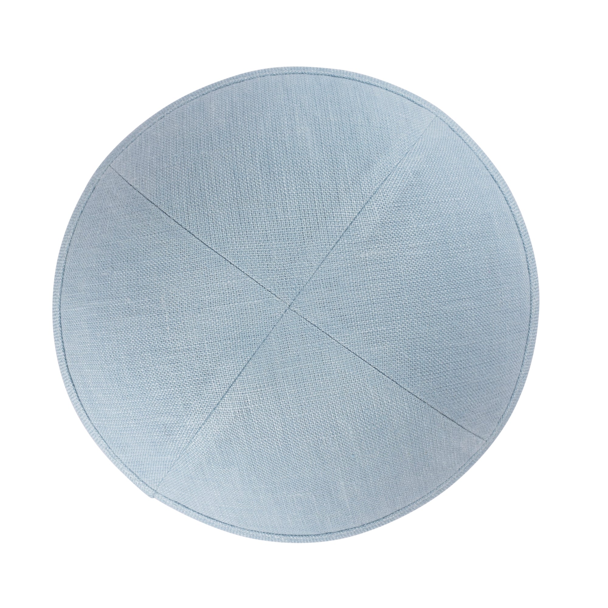 Blue Linen Kippah - showing decorative border, six-panel construction