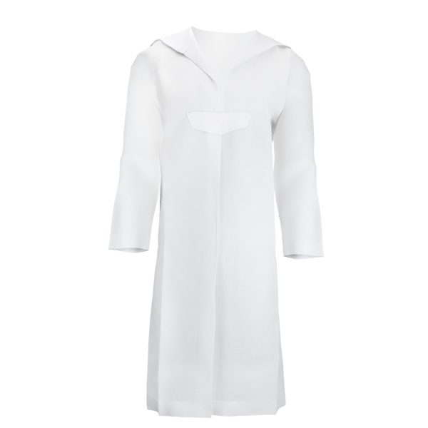 Linen Tzitzis — Square Style, Large Collar, Closed Front — garment front view