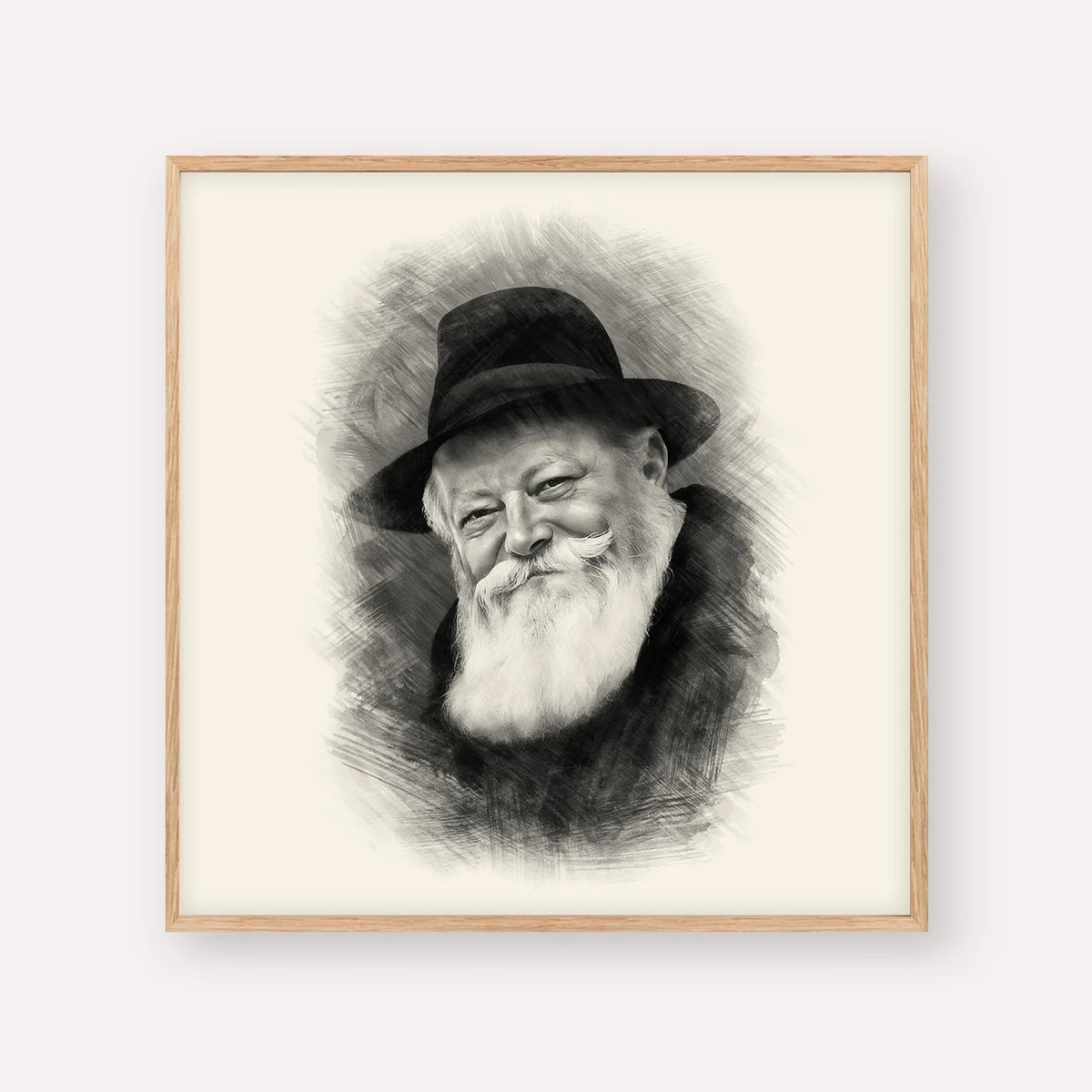 Lubavitcher Rebbe Portrait 1, black & white portrait with wood frame; square format example