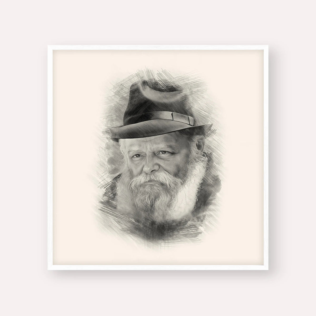 Lubavitcher Rebbe Portrait 2, black & white portrait with white frame; square format example