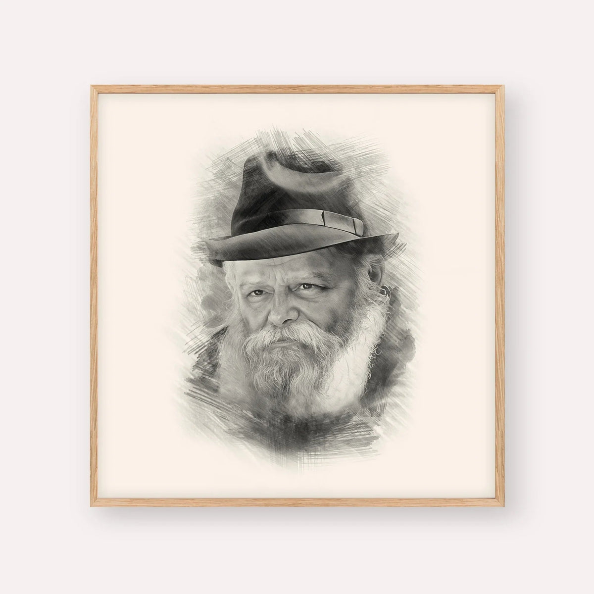 Lubavitcher Rebbe Portrait 2, black & white portrait with wood frame; square format example