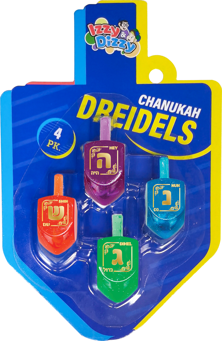 Four translucent lucite dreidels in red, purple, teal and green on a dreidel shaped card