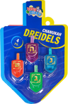Four translucent lucite dreidels in red, purple, teal and green on a dreidel shaped card