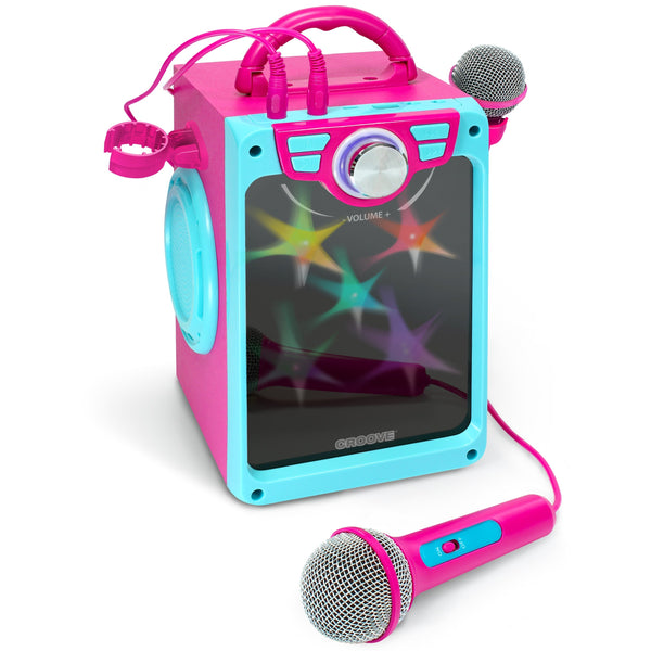 Croove Pop Box Kids Karaoke Machine, Pink - 2 Mics & Disco Lights — product view | Judaica Square Lakewood