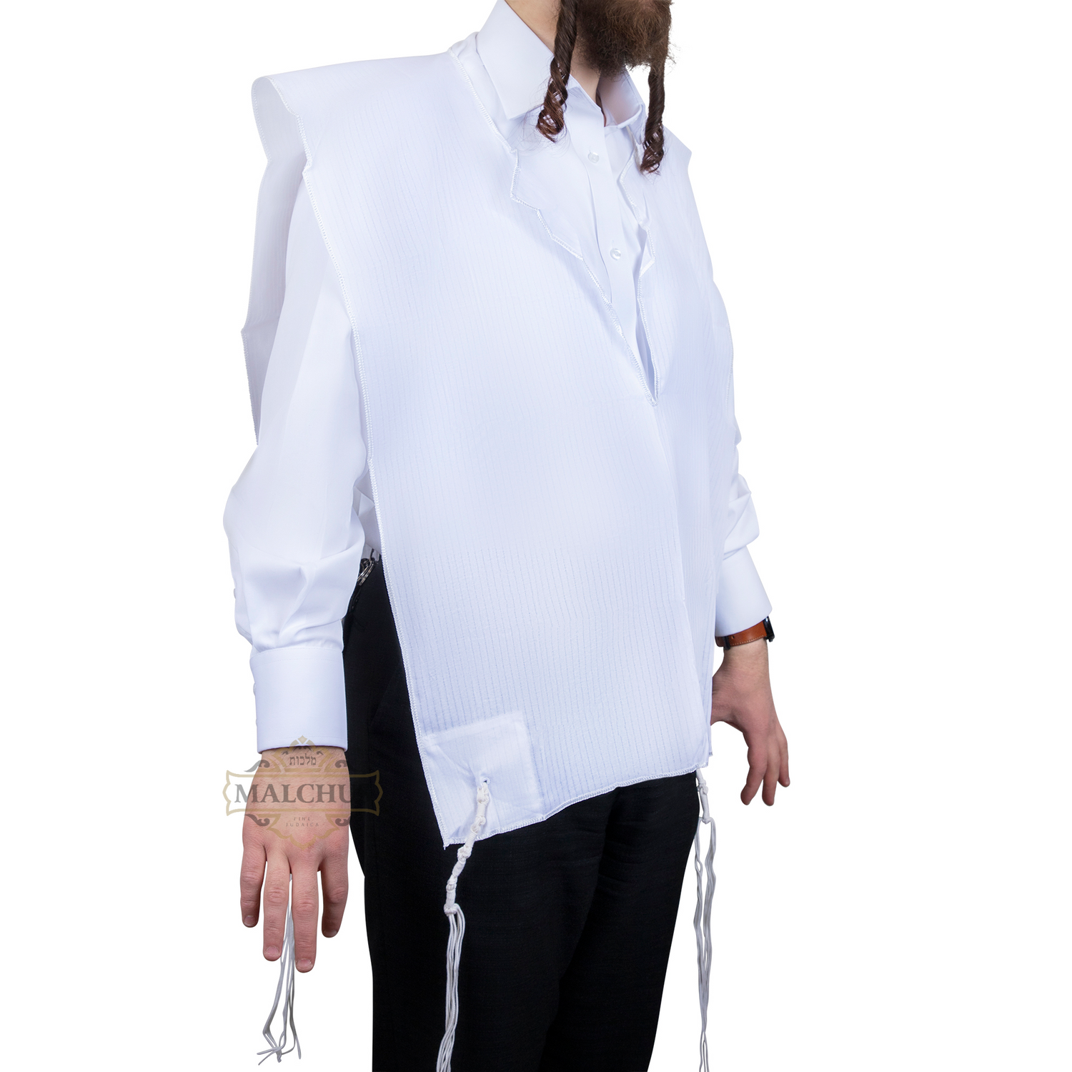 Angled view of Malchut adult cotton V-neck 1-hole Ashkenaz tzitzis