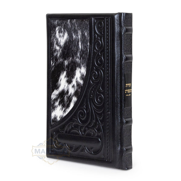 Black Malchut antique leather Zemiros Hameforash, design 1547, angled front view