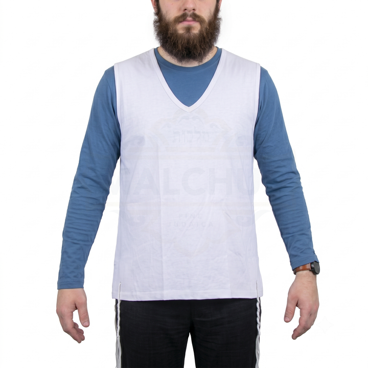 Front view of adult modeling white Malchut PerfTzit V-neck Ashkenaz tzitzis