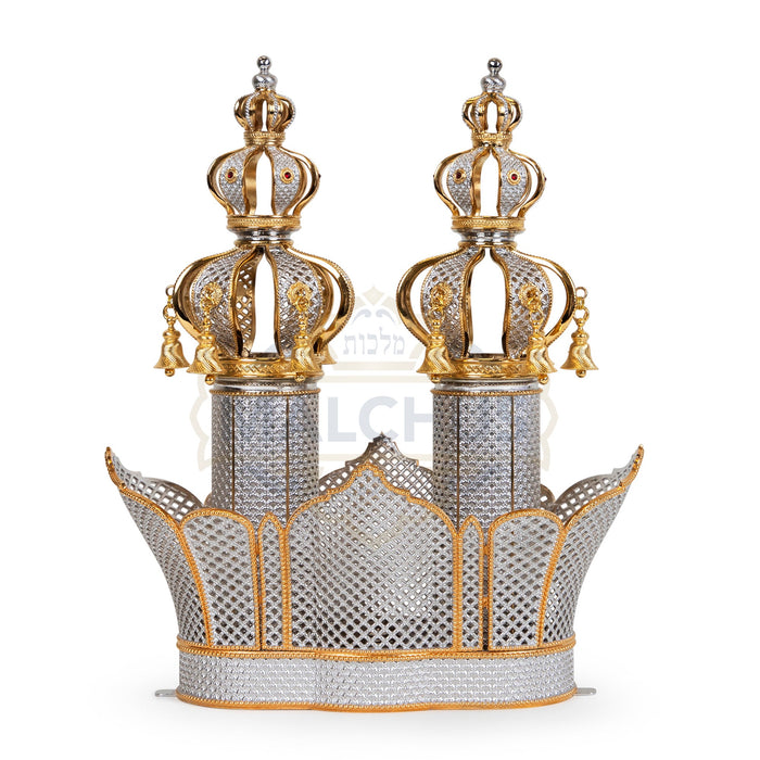 Front view of Malchut silver Torah crown design 38 with gold-colored accents and bells