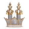 Front view of Malchut silver Torah crown design 38 with gold-colored accents and bells
