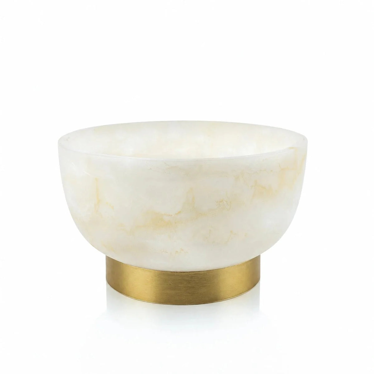 Marbled resin pedestal bowl with gold base, straight-on front view