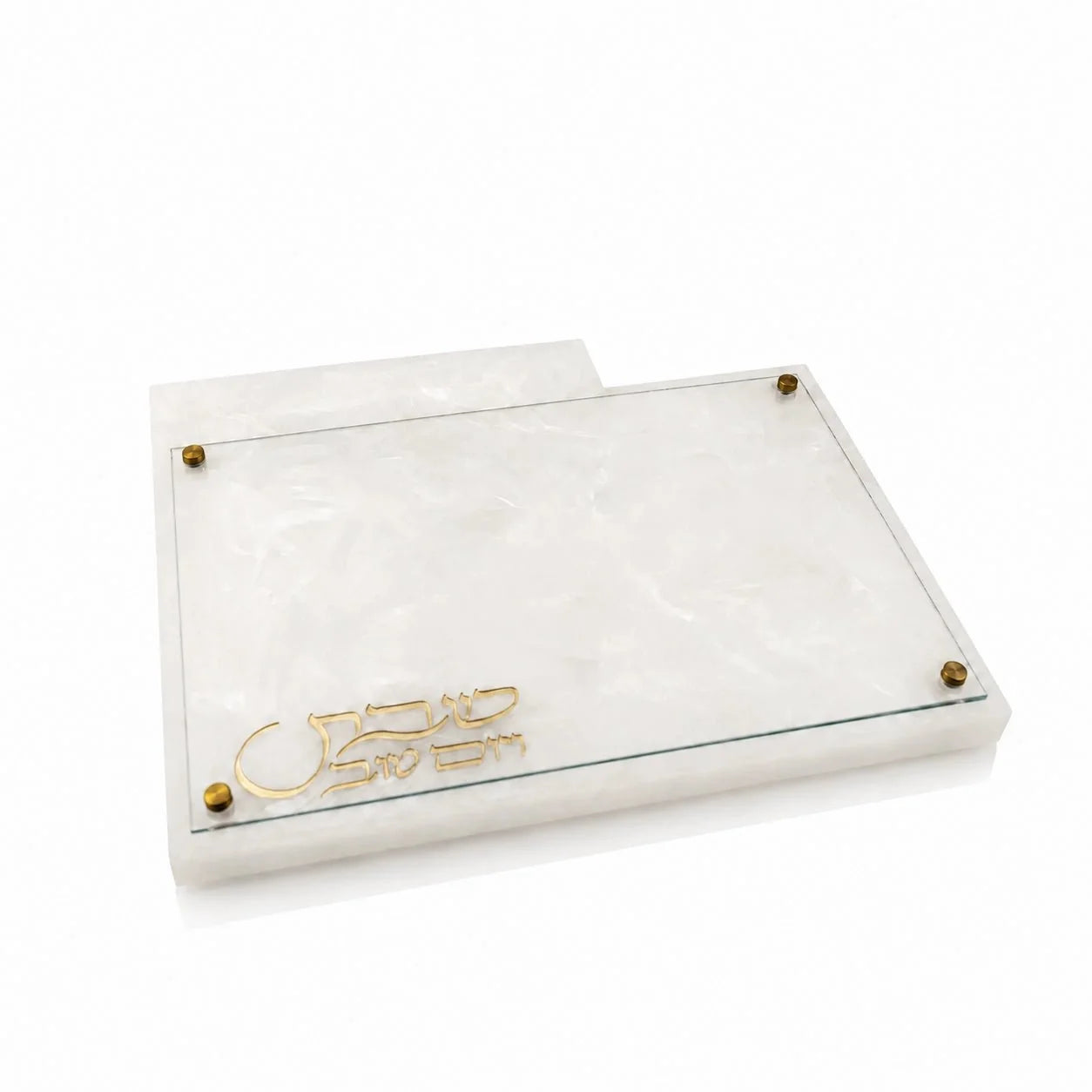 Marble-finish resin challah board with glass top and knife section