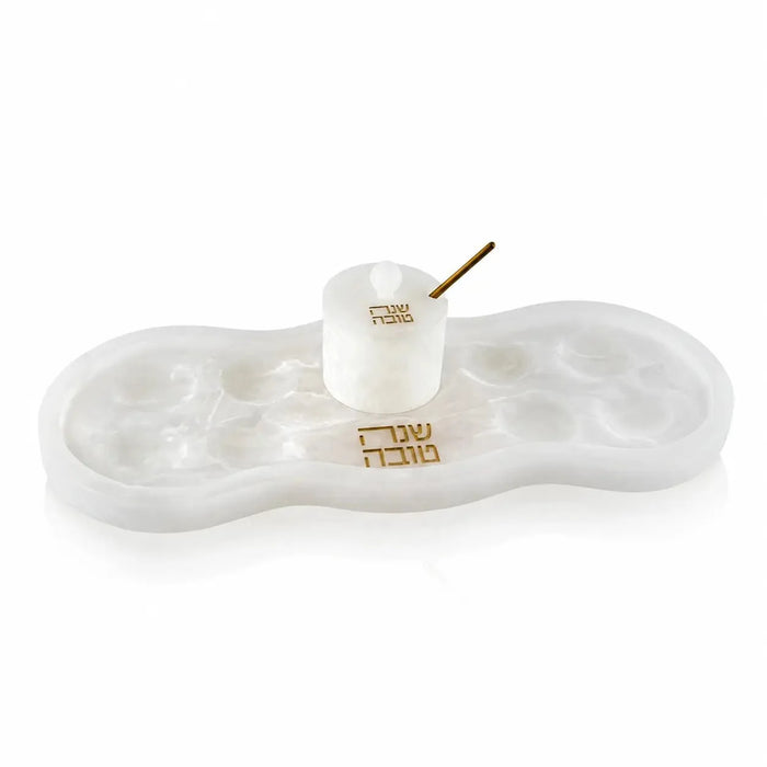 Marble resin Rosh Hashanah simanim tray with matching honey dish and gold spoon