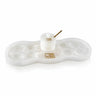 White marbled resin curved Simanim tray with matching lidded honey dish and gold spoon on white background