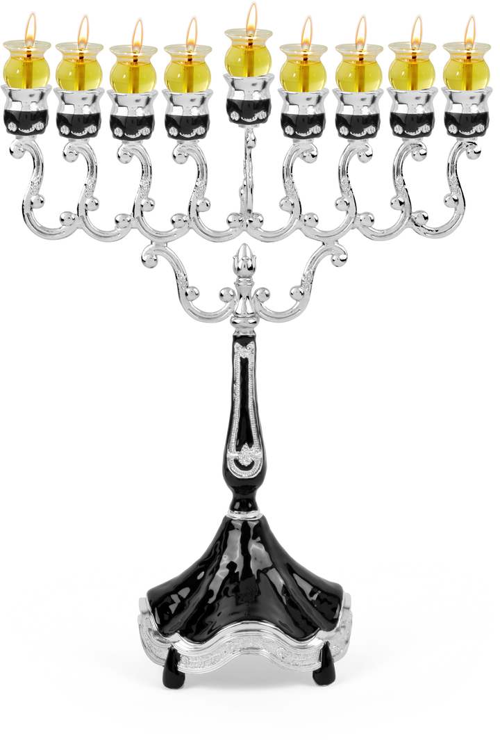 Marbleized black and silver-plated oil menorah with lit glass oil cups on a black base